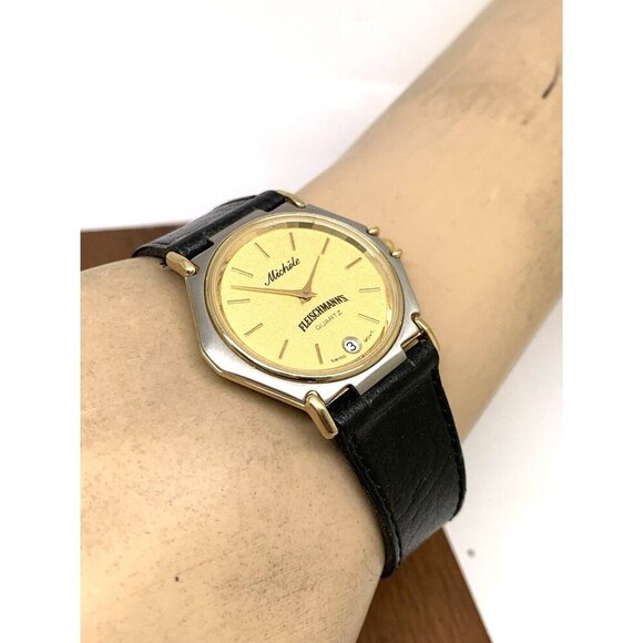 Michele Fleischmann's Womens Watch Swiss Quartz Two Tone Black Leather Band 31mm - Picture 5 of 13